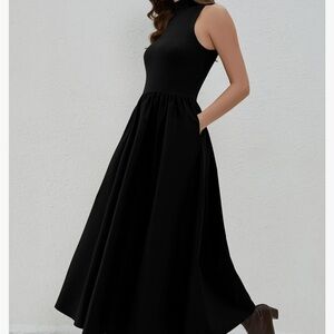 Black Sleeveless Turtleneck Dress with Pockets